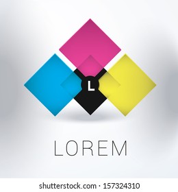 Superbright CMYK edition of a levitating scalable abstract minimal 3d icon with middle arranged business name holder squares , geometric background for universal use
