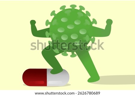 Superbug Virus Standing Over Antibiotic Pill, Concept of Drug Resistance and Antibiotic Failure