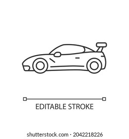 Supercar linear icon. High-performance luxury sports vehicle. Exotic car. World-class auto. Thin line customizable illustration. Contour symbol. Vector isolated outline drawing. Editable stroke