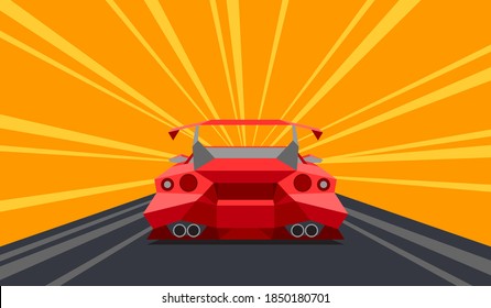 Supercar Rear Perspective View On A Race Track. Comic Flat Design. Vector Illustration.