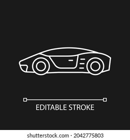 Supercar white linear icon for dark theme. High-performance luxury sports vehicle. Exotic car. Thin line customizable illustration. Isolated vector contour symbol for night mode. Editable stroke