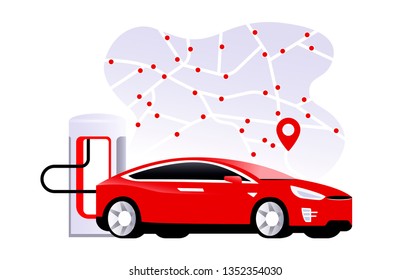 Станция нагнетателя с зарядкой электрического красного автомобиля tesla. Карта с местонахождением электрических зарядных станций. Плоская модель s. EV будущее. Векторная иллюстрация.