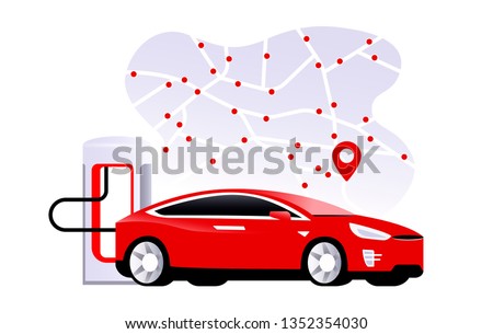 Supercharger  station with charging electric red car tesla. Map with locations of electric charging stations. Flat model s. EV future. Vector Illustration.