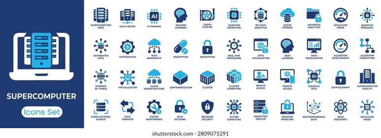 Supercomputer icon set. Containing data center, AI training, quantum computing, cloud storage, machine learning and more. Solid vector icons collection