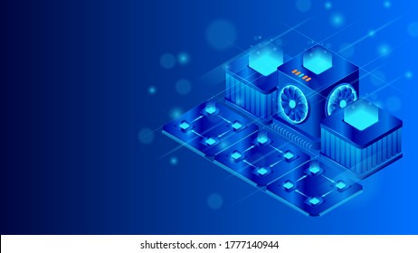 Supercomputer server with central processing units isometric vector illustration. Big data processing and cloud computing. Vector CPU chip. Microprocessor with lights on the blue background.