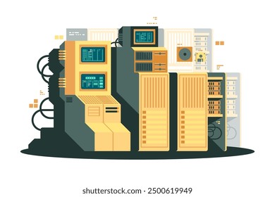 Supercomputer-Systemarray. Vektorgrafik eines komplexen Computersystems mit mehreren Server-Racks und Monitoren.