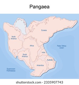 Supercontinent Pangaea with modern continental borders, Superocean Panthalassa, and Paleo-Tethys Ocean. Pangea Maps. Continental drift theory. planet Earth millions years ago. Vector illustration