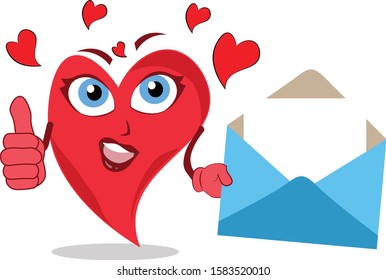 supercool funny heart lovely character holding open envelope showing thumbs up