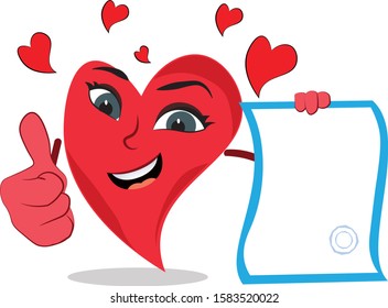 supercool funny heart lovely character giving a thumbs up holding blank certificate paper