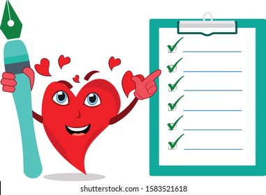 supercool funny heart lovely character holding pen indicating YES tasklist clipboard