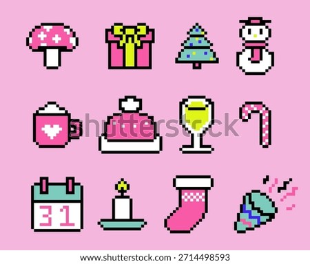Super-cute 8-bit pixel-art vector illustration displaying a grid of pastel holiday icons on a solid bubblegum pink background. Nostalgic Christmas and New Year celebration mood.