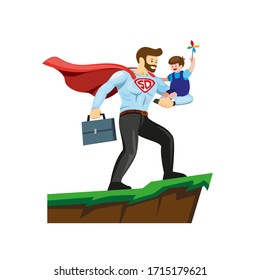 superdad carrying son, happy father`s day illustration in cartoon flat illustration vector isolated in white background