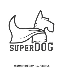 Superdog Logo Or Label Template. Super Dog Hero In Heroic Cape Logotype In Line Design. Scotch Terrier In Cloak.