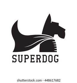 Superdog outline emblem. Super dog hero in heroic cape emblem. Scotch terrier in cloak. Super dog logo.