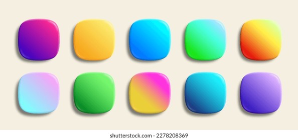 Superellipse glossy app icons vector backgrounds collection. 3D squircle buttons with neon holographic gradients and realistic soft shadows. Rounded rectangle shapes for web and mobile applications