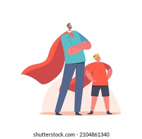 Superfamily, Parent and Child Relations Concept. Happy Family Dad and Son Characters in Superhero Costumes Posing with Arms Akimbo, Togetherness, Fatherhood. Cartoon People Vector Illustration