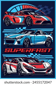 Superfast car vintage flyer colorful with cool automobiles for motorsport competitions or setting new records vector illustration