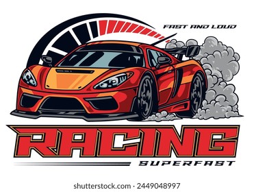 Superfast racing colorful vintage stickers with fast vehicle with smoke under wheels for design of motorsport video game vector illustration