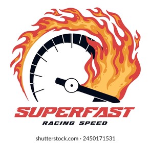 Superfast racing colorful vintage stickers with burning speedometer for car participating in extreme motorsports competitions vector illustration