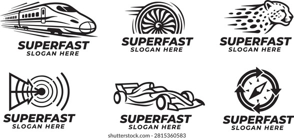 Superfast speed transport logos vector collection bullet train cheetah race car and compass emblem set delivery motion graphic elements layout, speed, fast, logo, train, car, cheetah, compass, emblem
