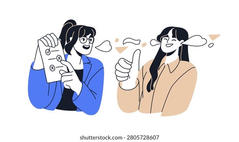 Superficial conclusions concept. Ignoring mistakes, blind eye at wrong work. Careless irresponsible person approving incorrect, misleading, lying. Flat vector illustration isolated on white background