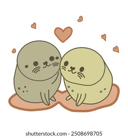 Superflat kawaii cute anime vector illustration of two seal in love, kawaii, white background, extremely few outline stroke, simple illustration, 2d