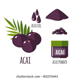 Superfood Acai Berry Set In Flat Style: Acai Berries, Powder, Pills, Oil. Organic Healthy Food. Isolated Objects On White Background. Vector Illustration