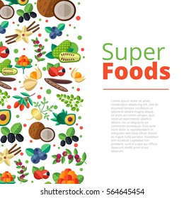 Superalimento de fondo con frutas, verduras, bayas, nueces y semillas. Diseño de vectores con productos naturales de desintoxicación saludable. Pancarta de comida orgánica de diseño plano.