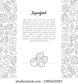 Superfood Banner Template with Place for Your Text Nuts and Seeds Hand Drawn Pattern, Tasty and Healthy Organic Food Vector Illustration