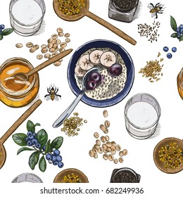 Superfood breakfast top view. Seamless botanical pattern, Realistic full color vector sketch illustration.