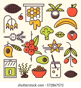 Concepto vectorial colorido y superalimentario. Acai, cacao, goji, guarana, espirulina, coco, quinua, camu camu, maca kelp de vainilla de miel. Superalimentos orgánicos para la salud y la dieta. Complementos de descomposición y pérdida de peso.