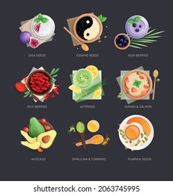 Superfood flat set of isolated top view images of gourmet dishes with vegetables and text captions vector illustration