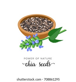 Superfood Fruit. Chia Seeds And Branch With Leaves And Flowers. Vector Illustration Cartoon Flat Icon Isolated On White.