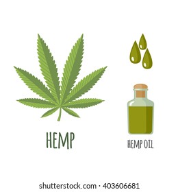 Cáñamo superalimentario en forma plana: hojas de cáñamo, aceite. Alimentos orgánicos saludables. Objetos aislados sobre fondo blanco. Ilustración del vector
