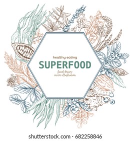 Superfood hexagon banner, color sketch vector illustration, vegan healthy food design. Kelp, cacao, ginger, moringa, blueberry, goji, stevia, seeds, grain.