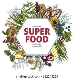 Superfood hexagon banner, full color realistic sketch vector illustration, vegan healthy food design. Kelp, cacao, ginger, moringa, blueberry, goji, stevia, seeds, grain.