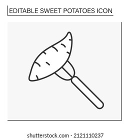  Superfood line icon. Organic food for balanced nutrition. Sweet potato on fork. Vegetarian food.Food concept. Isolated vector illustration. Editable stroke