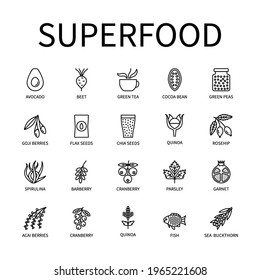 Superfood Line Icon In A Simple Style. Avocado Green Tea Pomegranate Chia Fish Beetroot Cocoa Quinoa Parsley Barberry Cranberry Rosehip Are Presented. A set of vector icons