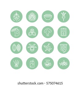 Iconos de la línea de alimento superior. Acai, cacao, goji, guarana, espirulina, coco, quinua, camu camu, maca, miel, vainilla, kelp. Superalimentos orgánicos para la salud y la dieta. Complementos de descomposición y pérdida de peso.