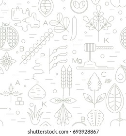  Superfood line icons seamless pattern.Pomegranate, ginger, lucuma, spirulina, kelp, noni, cacao, baobab, blueberry, goji, acerola, honey, avocado, quinoa.