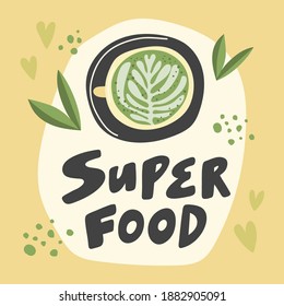 Superfood Matcha. Hand drawn vector illustration with leaves and cup of matcha on yellow background.