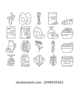 Superfood Natural And Vitamin Icons Set Vector. Ginger And Avocado Food, Spinach Leaves And Elder Plant, Olive Oil And Honey, Spirulina And Hemp Seeds Superfood Contour Illustrations