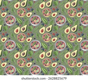 Superfood and plant-based meal vector illustrations – avocado, smoothie bowl, leafy greens – flat design.