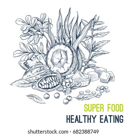 Superfood poster, hand drawn vector sketch illustration. Vegan cafe design. 