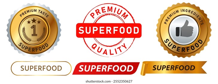 Producto de superalimento ingrediente saludable plato de comida de calidad premium cocina nutriente empaquetado información sello insignias de oro rojo colorido etiqueta engomada Anuncio cinta medalla medallón diseño iconos conjunto