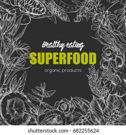 Superfood, realistic sketch frame design for vegan cafe or restaurant. Hand drawn vector illustration. Kelp, cacao, ginger, moringa, blueberry, goji, stevia, seeds, grain.
