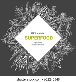 Superfood rhombus banner, realistic sketch vector illustration on dark background, vegan healthy food design. Kelp, cacao, ginger, moringa, blueberry, goji, stevia, seeds, grain.