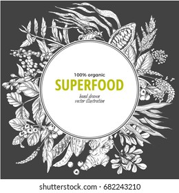 Superfood round banner, sketch vector illustration on dark background, vegan healthy food design. Kelp, cacao, ginger, moringa, blueberry, goji, stevia, seeds, grain.