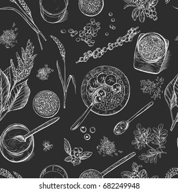 Superfood. Seamless botanical pattern on black background, Realistic vector sketch illustration.