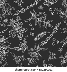Superfood. Seamless botanical pattern on black background, Realistic vector sketch illustration.